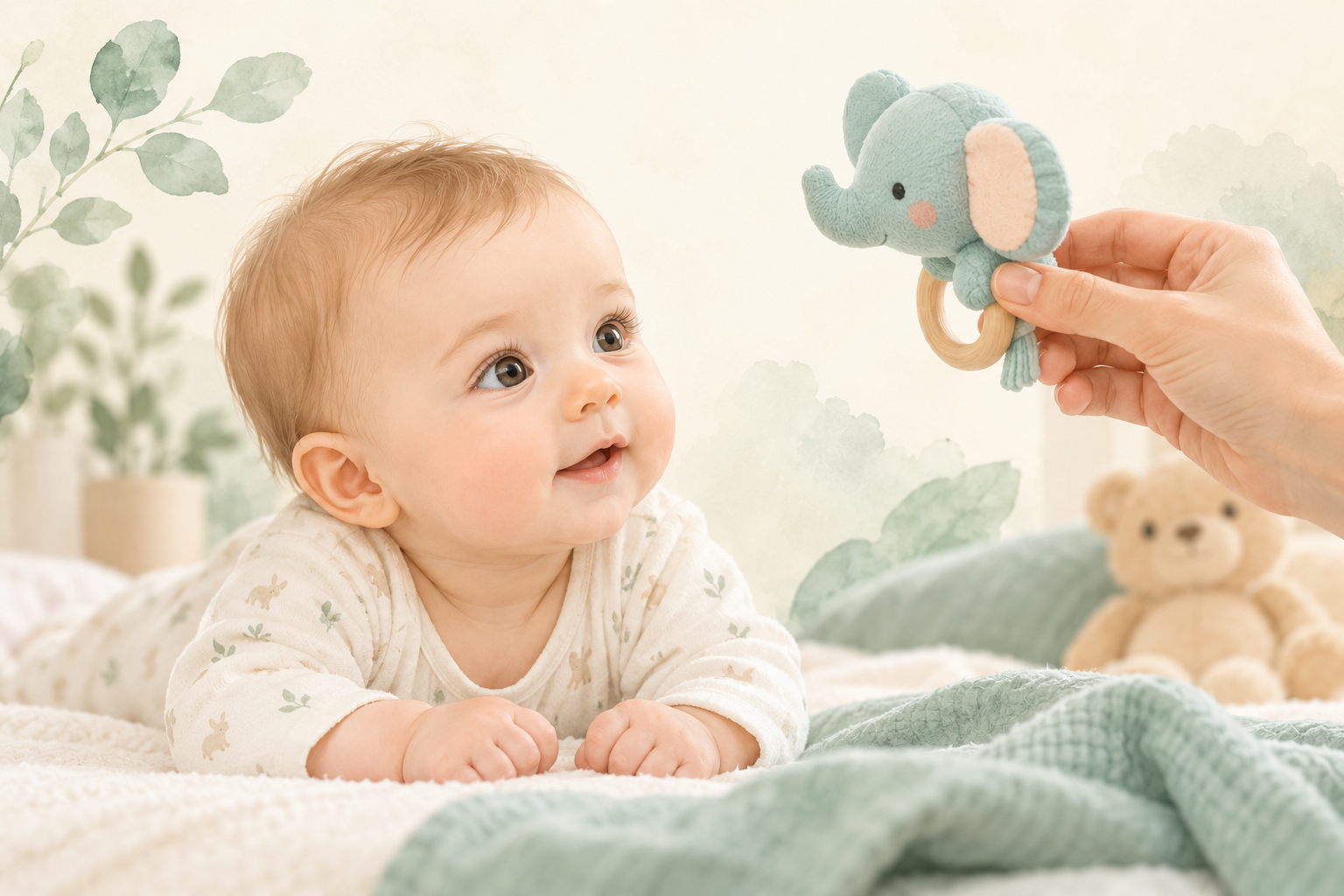 A baby looking at a toy held by a parent, illustrating infant eye health